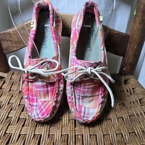 Pink Plaid Fabric Sperry Topsider Women's Shoes Leather Accents‎ 7
